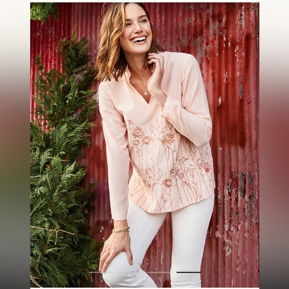 NWT Spartina 449 Nicolette Embroidered Tunic Top Large Blush Pink Floral V Neck
